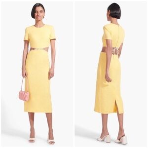 STAUD MATTEO DRESS WALLFLOWER YELLOW WHITE MIDI LINEN MIDI DRESS Sz 16 NWT $325.